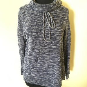 Drawstring, funnel-neck blue knit sweatshirt